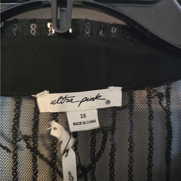 Ultra Pink Black Sheer Sequined Collared Button Up Size 2X Plus LS NWT Dressy - Picture 2 of 8